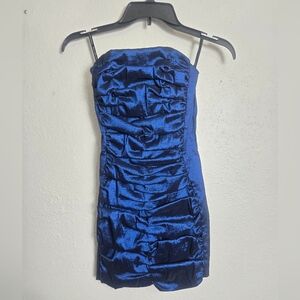 Jessica McClintock Strapless Ruched Satin Dress in Royal Blue